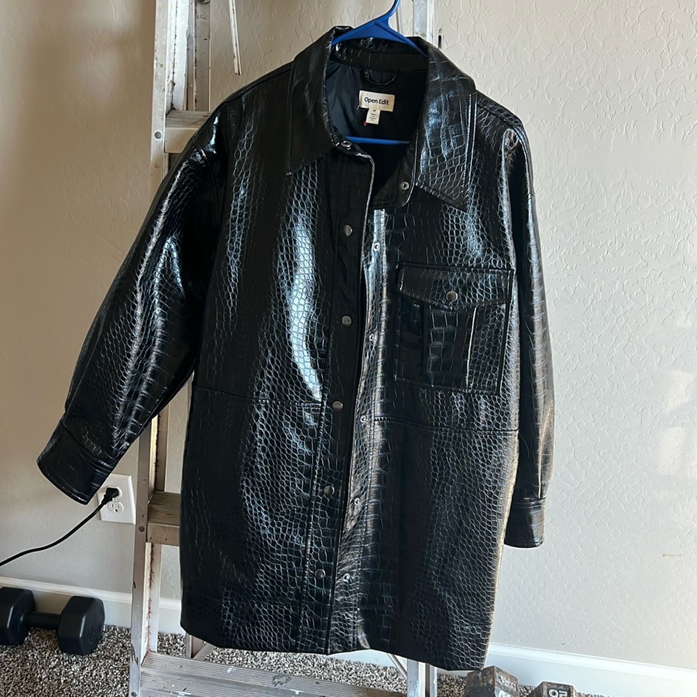 Open Edit Faux croc black long jacket